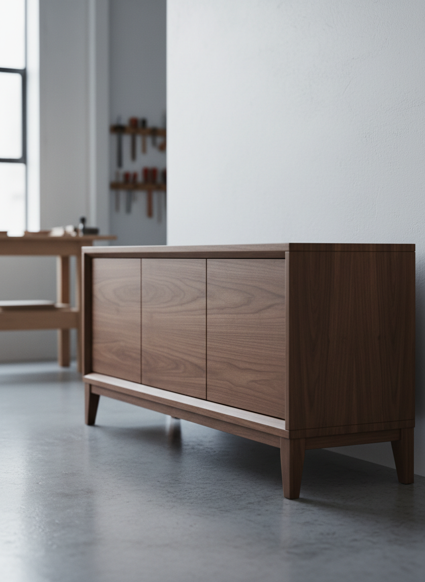 A meticulously crafted walnut sideboard with clean, modern lines and subtle beveled edges, its surface satin-smooth yet showing the tight grain and rich chocolate tones of the wood. The piece stands in a serene, minimalist studio with polished concrete floors and a softly textured white wall in the background, evoking a Seattle loft. Cool, diffused overcast light filters in from an unseen window, creating refined reflections along the top and gentle shadows beneath. Composed at eye level with a slight three-quarter angle, the digital-art rendering is sophisticated and architectural, with sharp focus on joinery details and a gentle bokeh on distant woodworking tools, conveying quiet mastery and restrained elegance.
