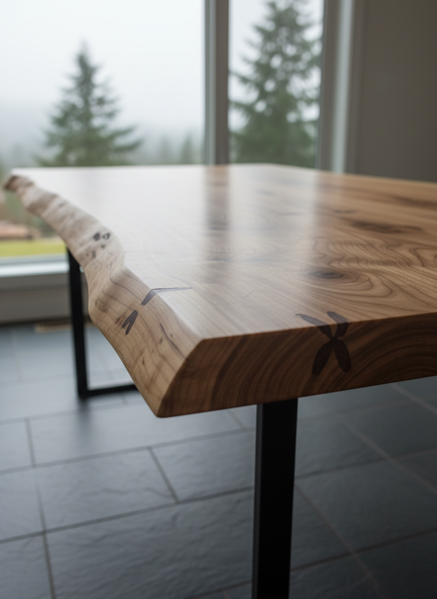A close, detailed view of a custom live-edge dining table made from a single slab of locally sourced bigleaf maple, its organic edge carefully softened and polished. The surface reveals swirling grain, subtle spalting, and butterfly keys in contrasting walnut that stabilize natural checks. Slender, blackened steel legs meet the underside with perfectly flush joinery. The table stands in a quiet, modern Seattle dining space with slate floors and a distant hint of misty evergreens through a large window. Gentle, overcast daylight creates a satin glow on the wood, while the digital-art image is captured from a low three-quarter angle along the live edge, with a shallow depth of field that feels intimate, sculptural, and elegantly understated.