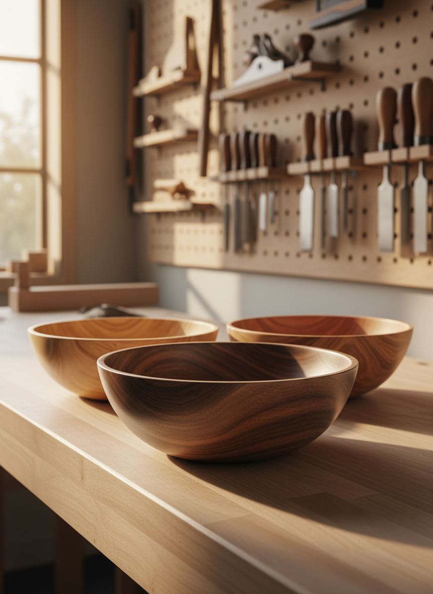 An elegant collection of hand-turned bowls in Pacific Northwest hardwoods—maple, cherry, and figured walnut—arranged in a graceful cluster on a long ash workbench. Each bowl reveals distinctive grain patterns, chatoyance, and thin, perfectly even rims, finished in a satin sheen. The scene is set in a refined Edmonds workshop, with neatly organized chisels and planes hanging on a French cleat wall system behind. Soft golden-hour light slants through a high window, catching the curves and highlighting the depth of color in the wood. The digital-art image is composed from a slightly elevated angle, shallow depth of field emphasizing the foremost bowl while the background recedes into a painterly blur, creating a contemplative, gallery-like mood.