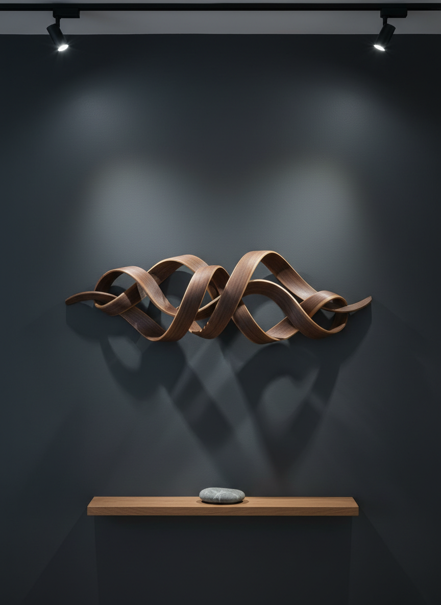 A refined wall-mounted sculpture composed of interlocking, steam-bent walnut and ash ribbons, gracefully flowing in an abstract, wave-like form inspired by Puget Sound. The wood surfaces are flawlessly smooth with a matte finish, subtle variations in tone emphasizing curvature. The piece is displayed against a deep charcoal-gray gallery wall in a minimalist Edmonds interior, with a narrow, floating oak shelf below holding a single river stone. Focused, cool LED track lighting washes diagonally across the sculpture, creating crisp shadows that accentuate depth and negative space. The digital-art render is framed straight-on with ample breathing room, a clean, modern composition that feels contemplative and sophisticated, evoking high-end art photography.