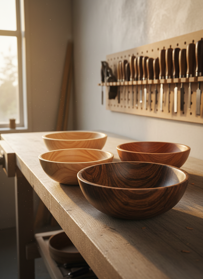 An elegant collection of hand-turned bowls in Pacific Northwest hardwoods—maple, cherry, and figured walnut—arranged in a graceful cluster on a long ash workbench. Each bowl reveals distinctive grain patterns, chatoyance, and thin, perfectly even rims, finished in a satin sheen. The scene is set in a refined Edmonds workshop, with neatly organized chisels and planes hanging on a French cleat wall system behind. Soft golden-hour light slants through a high window, catching the curves and highlighting the depth of color in the wood. The digital-art image is composed from a slightly elevated angle, shallow depth of field emphasizing the foremost bowl while the background recedes into a painterly blur, creating a contemplative, gallery-like mood.