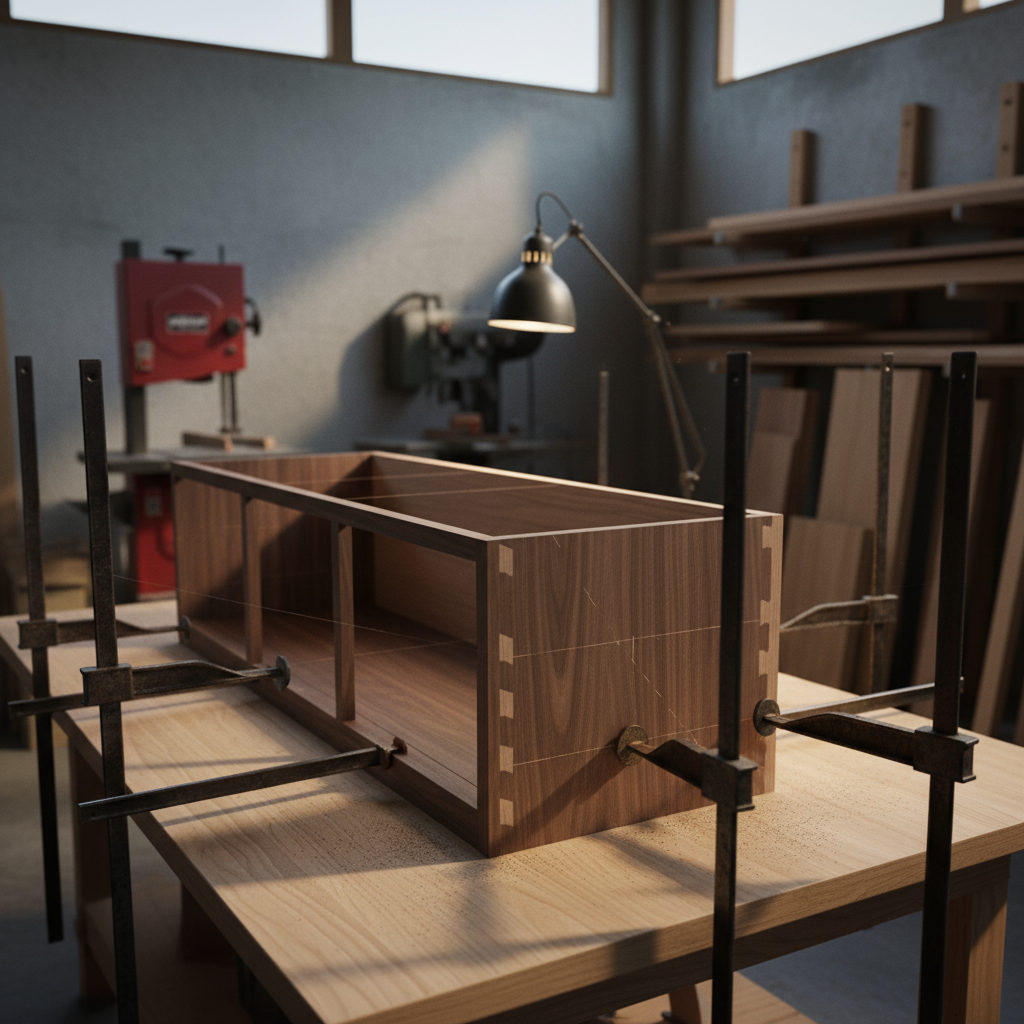 A precisely joined hardwood credenza in progress, clamped together on a large maple assembly table. Exposed dovetail joints and floating tenons are visible at the corners, with pale pencil layout lines and a fine dusting of sawdust catching the light. In the background, a bandsaw, jointer, and a rack of neatly stacked rough-sawn boards suggest a highly organized Seattle-area studio. Cool, indirect daylight from high windows mixes with a single warm task lamp, casting dramatic, crisscrossing shadows that emphasize geometry and craft. The digital-art composition uses a low, close-up angle along the joint line, with shallow depth of field to celebrate precision and process, creating a sophisticated, almost architectural atmosphere.