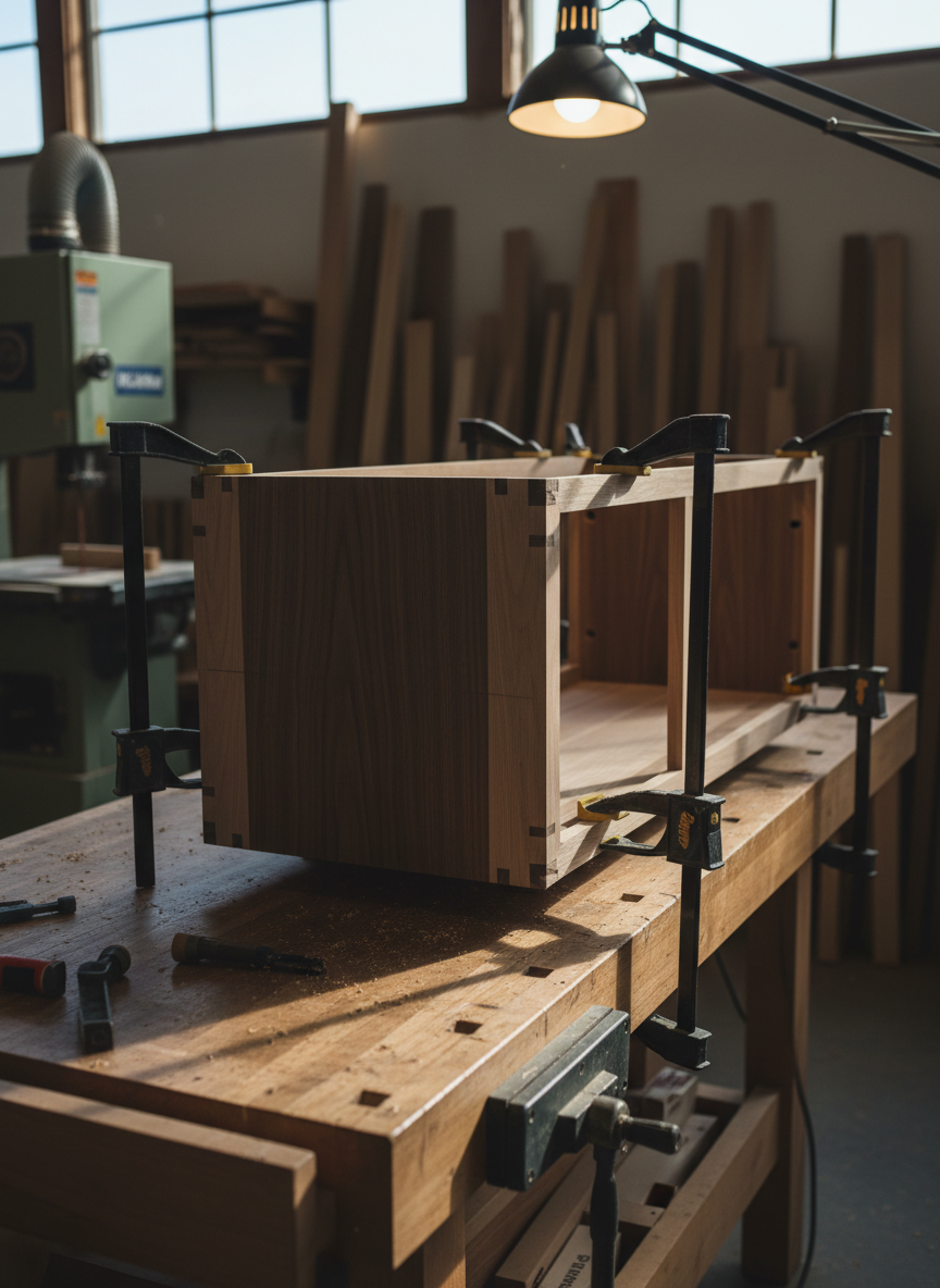 A precisely joined hardwood credenza in progress, clamped together on a large maple assembly table. Exposed dovetail joints and floating tenons are visible at the corners, with pale pencil layout lines and a fine dusting of sawdust catching the light. In the background, a bandsaw, jointer, and a rack of neatly stacked rough-sawn boards suggest a highly organized Seattle-area studio. Cool, indirect daylight from high windows mixes with a single warm task lamp, casting dramatic, crisscrossing shadows that emphasize geometry and craft. The digital-art composition uses a low, close-up angle along the joint line, with shallow depth of field to celebrate precision and process, creating a sophisticated, almost architectural atmosphere.